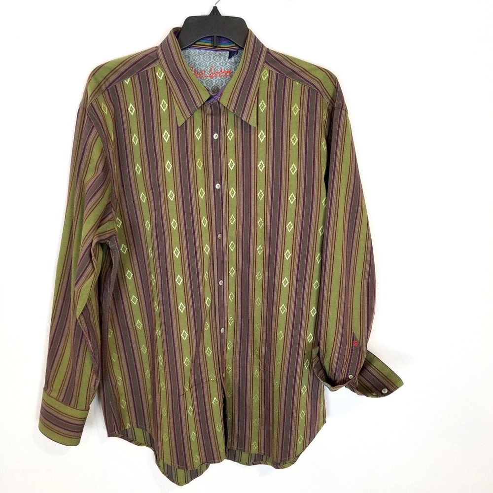 Robert Graham Men's Button Down Shirt Sz 3XL‎ Green Aztec Flip Cuff Cotton Silk